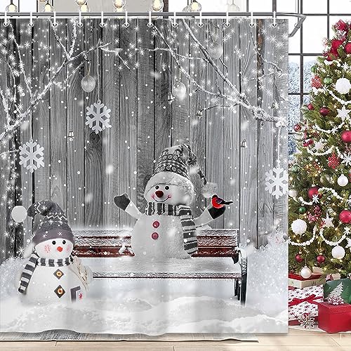 Grey Snowman Christmas Shower Curtain 72x72 Inches - Holiday Bathroom Decor