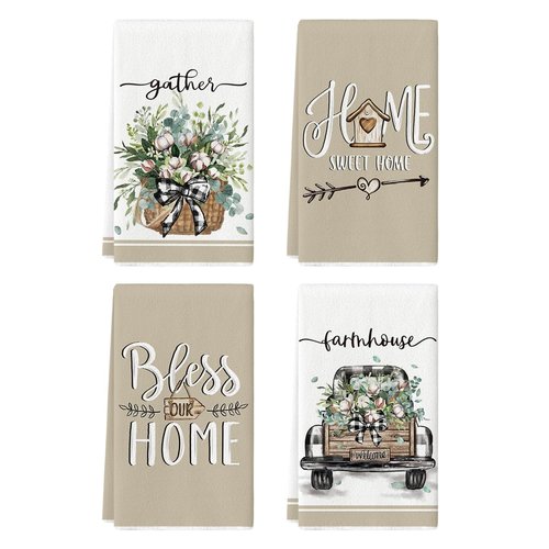 Artoid Mode Eucalyptus Truck Flowers Basket Spring Kitchen Towels Dish Towels, 18x26 Inch Farmhouse Decoration Hand Towels Set of 4