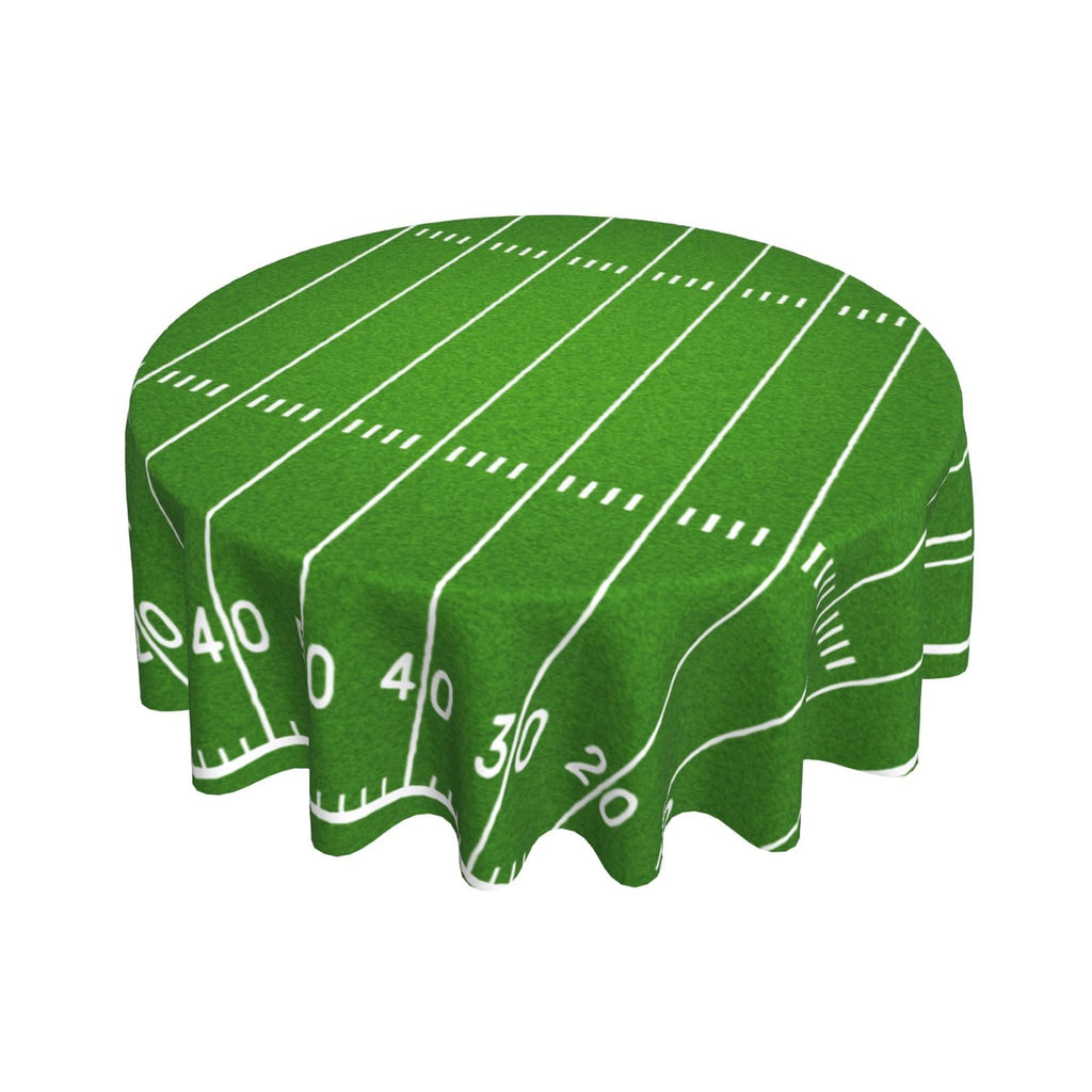 Vrysenium Football Tablecloth Round 60 Inch Green Football Field Table Cloth Circle Sport Themed Table Cover Waterproof Wipeable Polyester Tabletop for Birthday Games Day Party Decorations