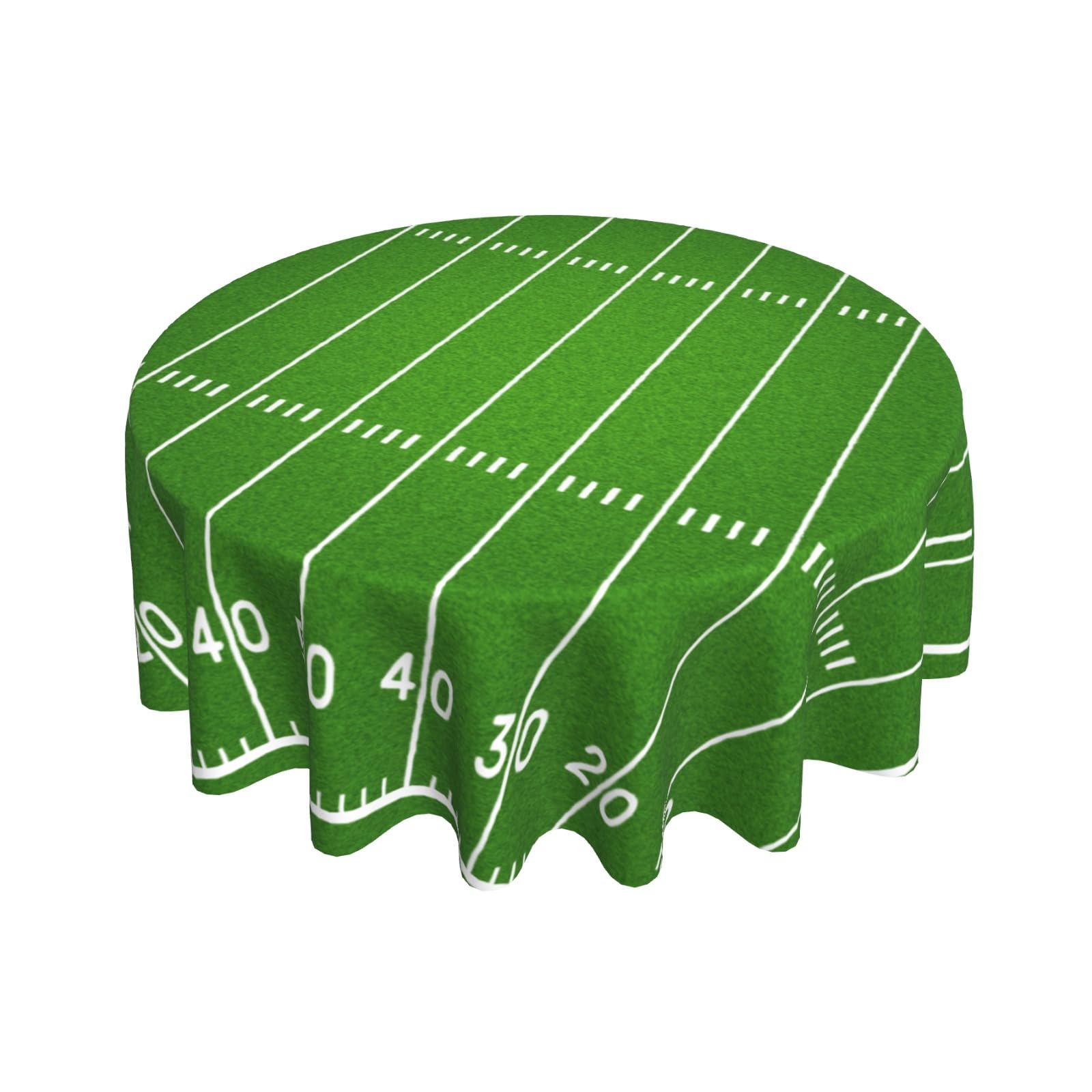 Vrysenium Football Tablecloth Round 60 Inch Green Football Field Table Cloth Circle Sport Themed Table Cover Waterproof Wipeable Polyester Tabletop for Birthday Games Day Party Decorations