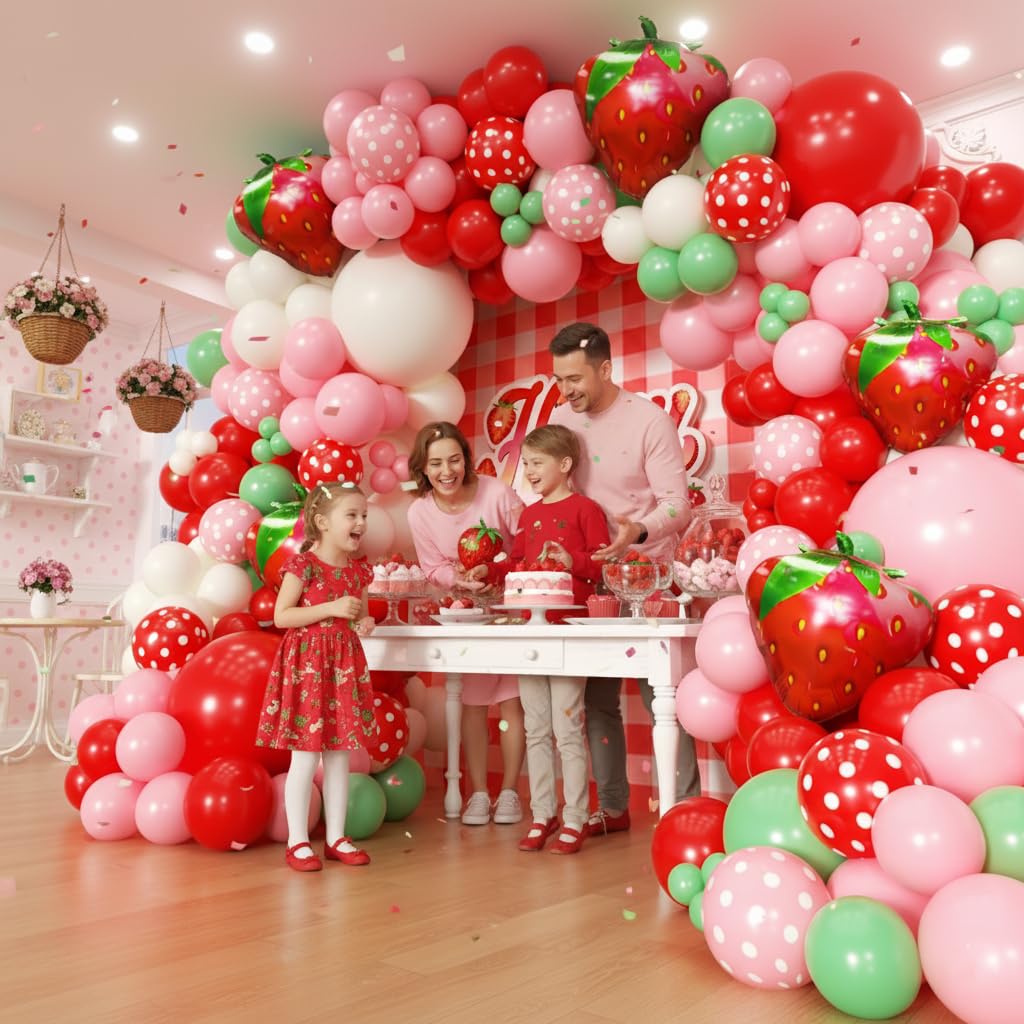 PTGOLUO Strawberry Balloons Garland Arch Kit 163pcs, Red and Pink Green Balloons for Sweet Girl Berry First Birthday Themed Baby Shower Valentine's Day Strawberry Party Decorations