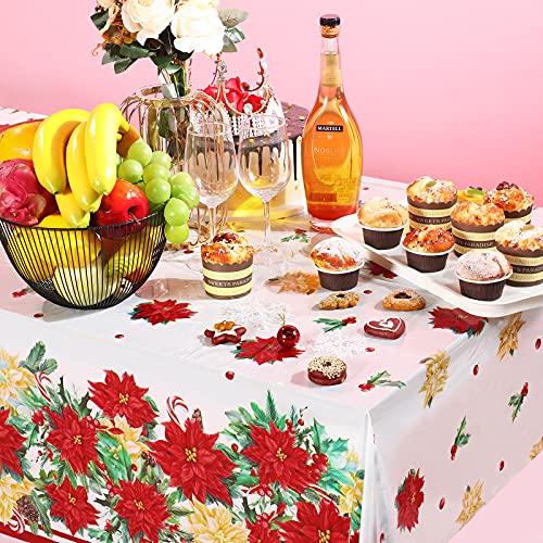 3 Pack Christmas Poinsettia Tablecloths 54x108 Inches Waterproof Plastic Holiday Decor