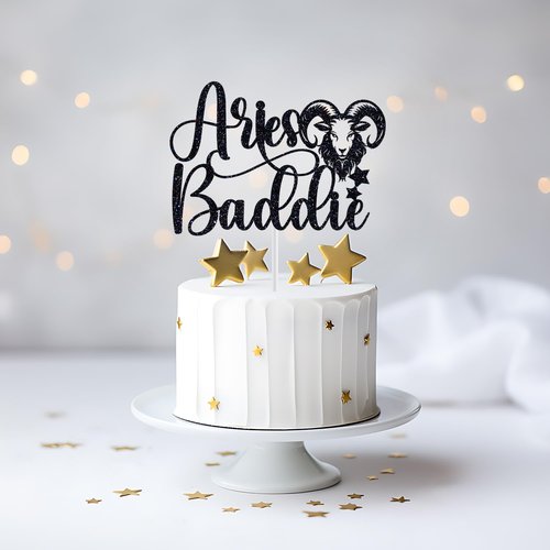 Aries Baddie Cake Topper - Zodiac Birthday Party Decor | Black Glitter Constellation Design