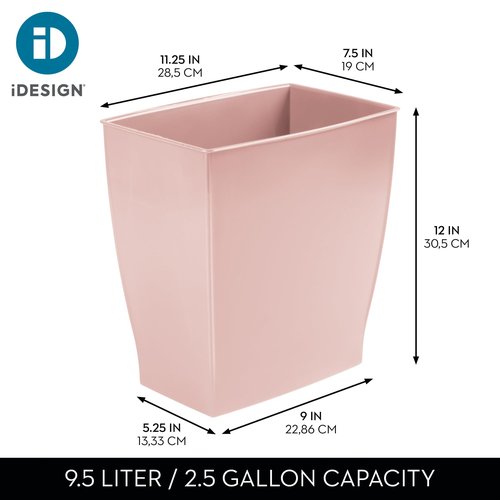 iDesign Small Plastic Bathroom Trash Can, Slim Rectangle Garbage Bin for Bedroom, Office, Dorm, Pink