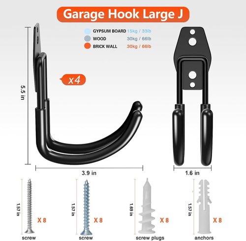 HUPBIPY Heavy Duty Garage Hooks - J-Shaped Wall Mounted Tool Organizer | 4 Pack for Ladders, Bikes, and More