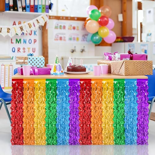Rainbow Table Skirts - 2 Pack Tinsel Fringe for Party Decor