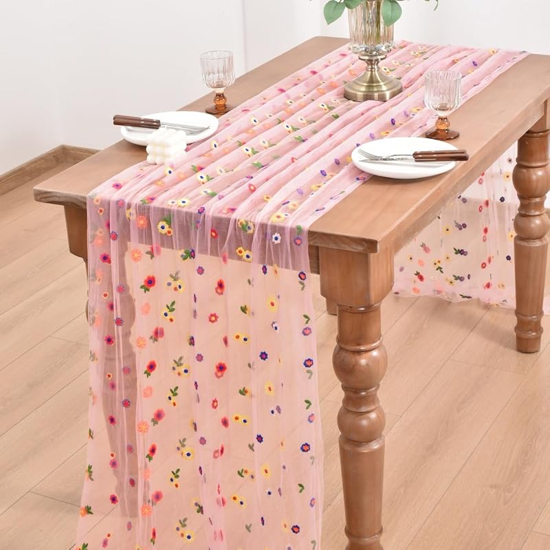 Blushing Pink 10ft x 10 Pack Floral Daisy Table Runner - 28W x 120L Embroidered