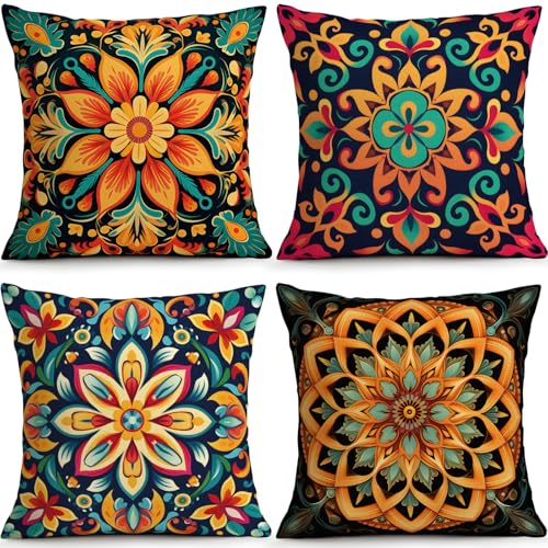 ORMAN Boho Mandala Throw Pillow Covers 18x18 Inch, Set of 4, Style 1