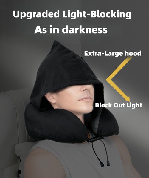 ILYISFMTY Travel Neck Pillow with Extra Large Hood Rollable Airplane Hooded Neck Pillow with Memory Foam Filling and Removable, Skin-Friendly Cover with Carrying Case & Pouch (Velvet)