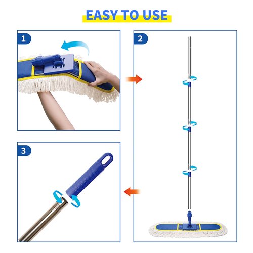 29.5" Commercial Dust Mop for Floor Cleaning,Heavy Duty Floor Duster with 2 Cotton Reusable Mop Pads,61” Long Handle Wet Dry Flat Mops for Hardwood Floors,Marble, Laminate,Tile,Concrete,Garage (Blue)