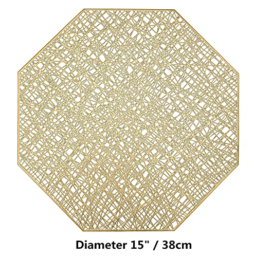 15 Inch Gold Vinyl Round Placemat Set of 6 - Wipeable and Washable Table Mats for Dining and Holiday Decor