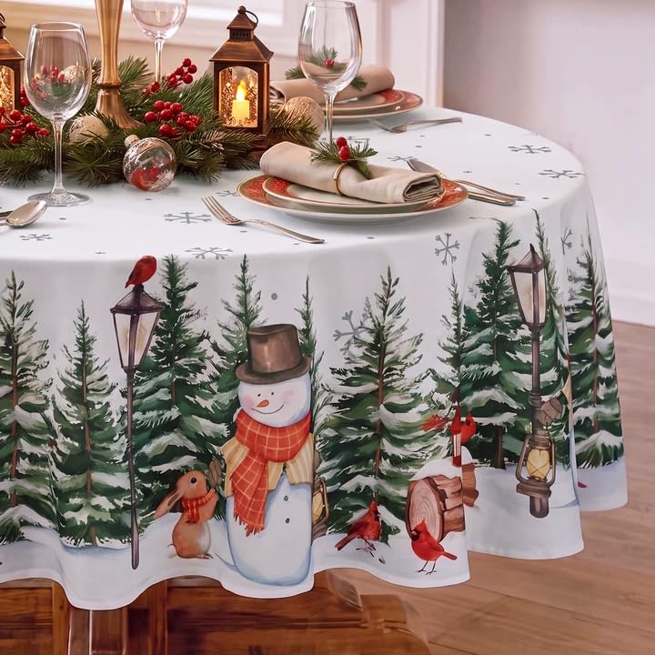 Romanstile White Christmas Round Tablecloth 70 Inch Snowman Trees Winter Decor
