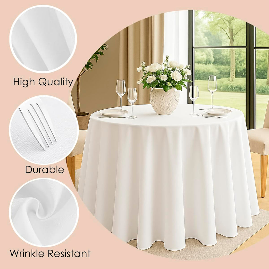 Craft And Party 10 Pack 108 Inch White Round Tablecloth, Polyester Fabric Washable Table Cloth for Home, Party, Wedding or Restaurant Use.