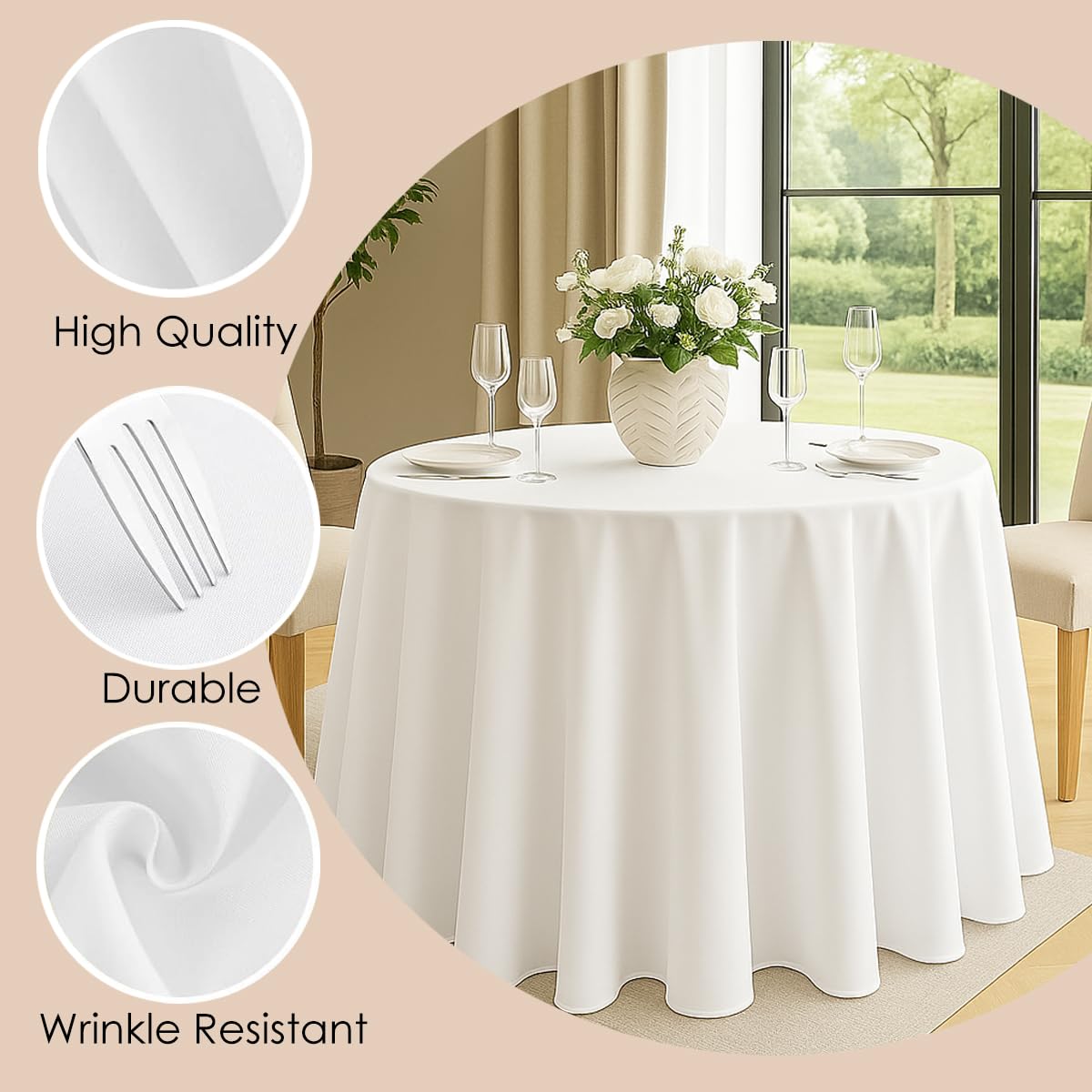 Craft And Party 10 Pack 108 Inch White Round Tablecloth, Polyester Fabric Washable Table Cloth for Home, Party, Wedding or Restaurant Use.