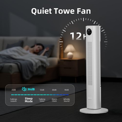 Antarctic Star Tower Fan Portable Floor Fans 85°Oscillating Fan Quiet Cooling 12H Timer Remote Control Standing Bladeless Electric 3 Wind Speeds 4 Modes Bedroom Office,36 inch, White