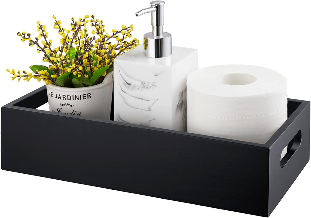 ALELION Black Bathroom Basket - Wooden Toilet Tank Paper Organizer with Handle | Stylish Storage Solution for Bathroom Decor