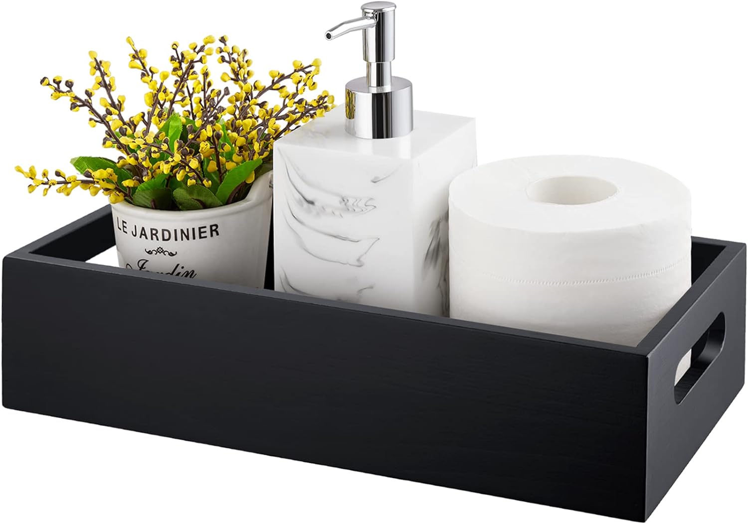 ALELION Black Bathroom Basket - Wooden Toilet Tank Paper Organizer with Handle | Stylish Storage Solution for Bathroom Decor