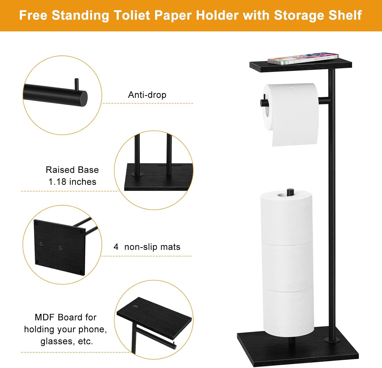 Skiennix Free Standing Toilet Paper Holder - Stylish Black Bathroom Stand with Storage Shelf for Mega Rolls