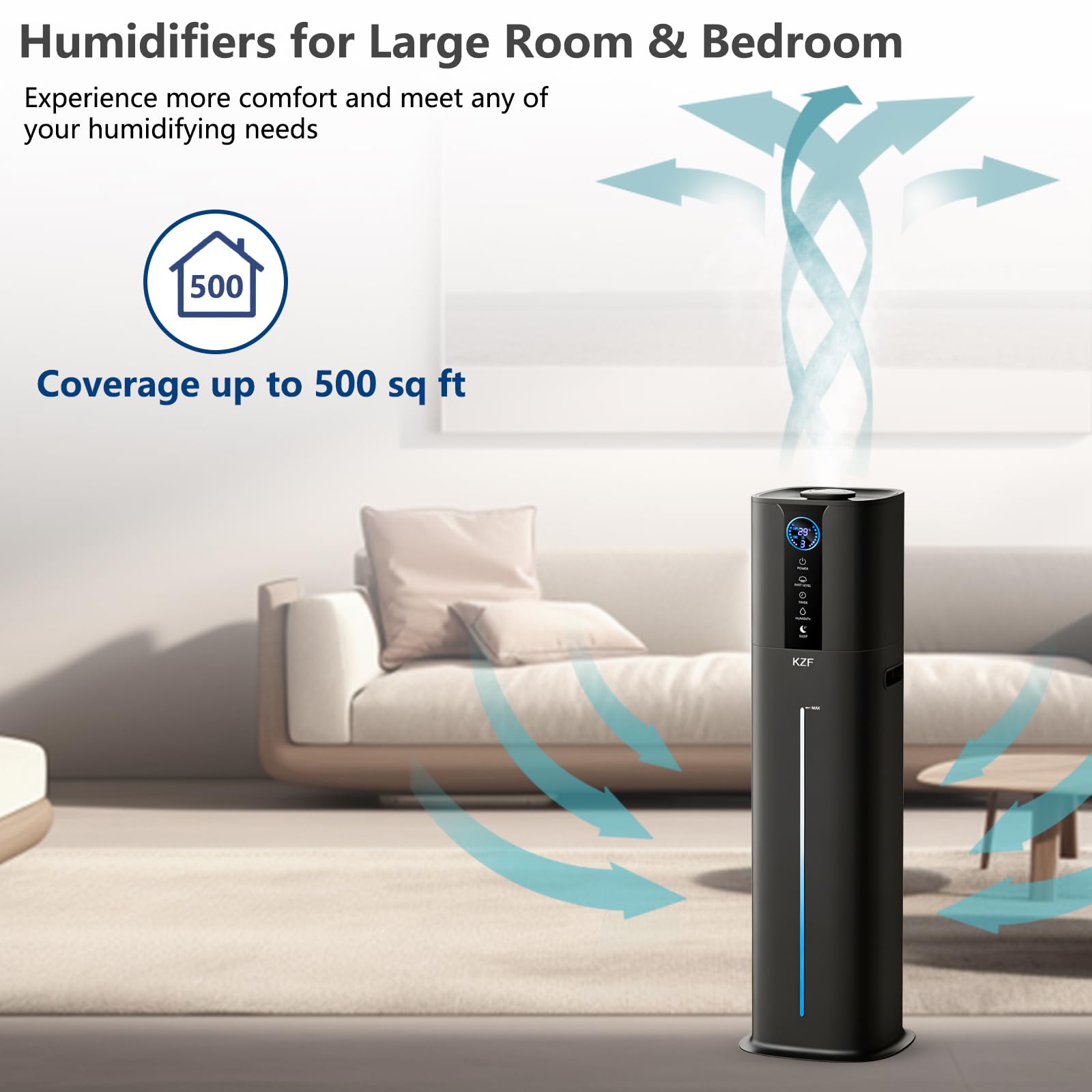 KZF 9L Smart Humidifiers for Bedroom Large Room, 2.3Gal Cool Mist Top Fill Diffuser App & Remote Control, 3 Mist Modes, Quiet Humidifier for Home Office Plant (9L Black App)