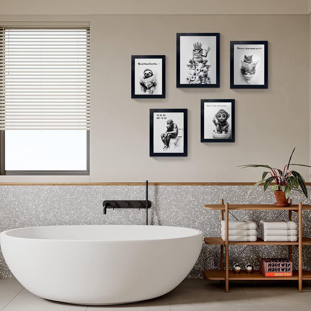 Orvannaatr Bathroom Wall Art - Framed Black and White Frog Decor | Playful Crown Toilet Paper Design