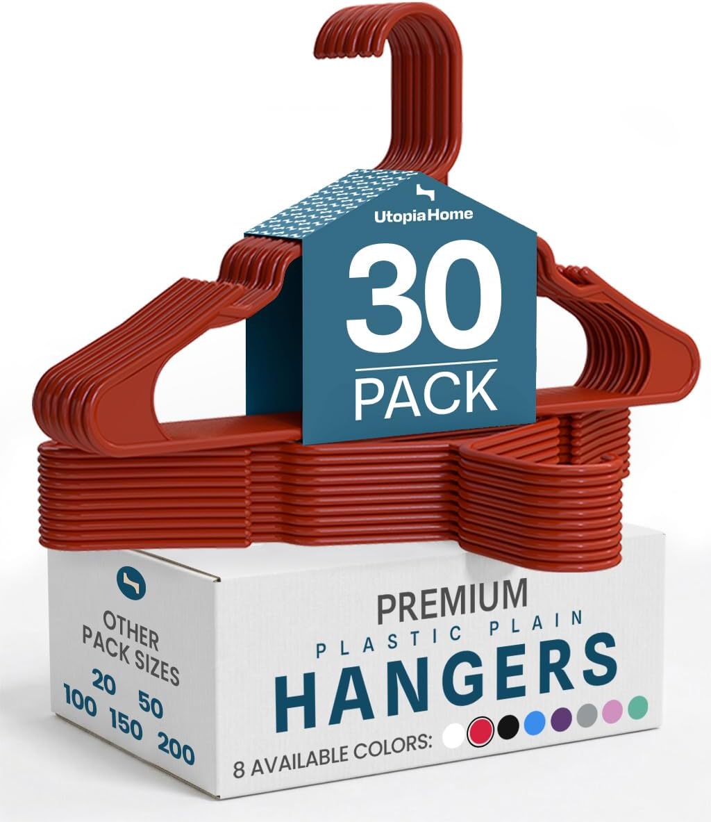 Utopia Home Plastic Hangers 30 Pack - Durable Space-Saving Clothes Hangers - Red Closet Organizers