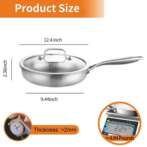 DELARLO Kitchen Whole Body Tri-Ply Stainless Steel Frying Pan, 12 inch,Stainless Steel, Oven safe induction skillet, Pots and Pans set,Suitable for All Stove