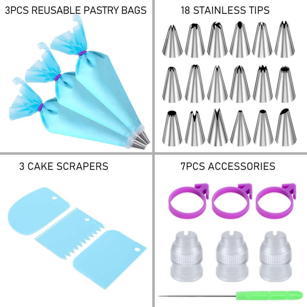 Regine Switzerland Piping Bags and Tips Set - 18 Frosting Tips, 3 Reusable Bags & Cake Scrapers