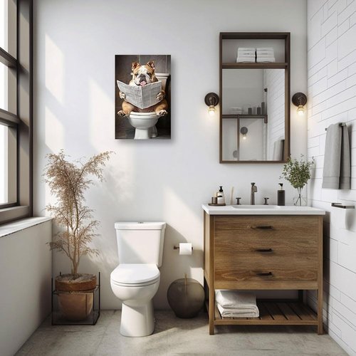 CCWACPP Bulldog Bathroom Wall Art - Funny Animal Canvas Print Reading Newspaper | Framed 12" x 18"