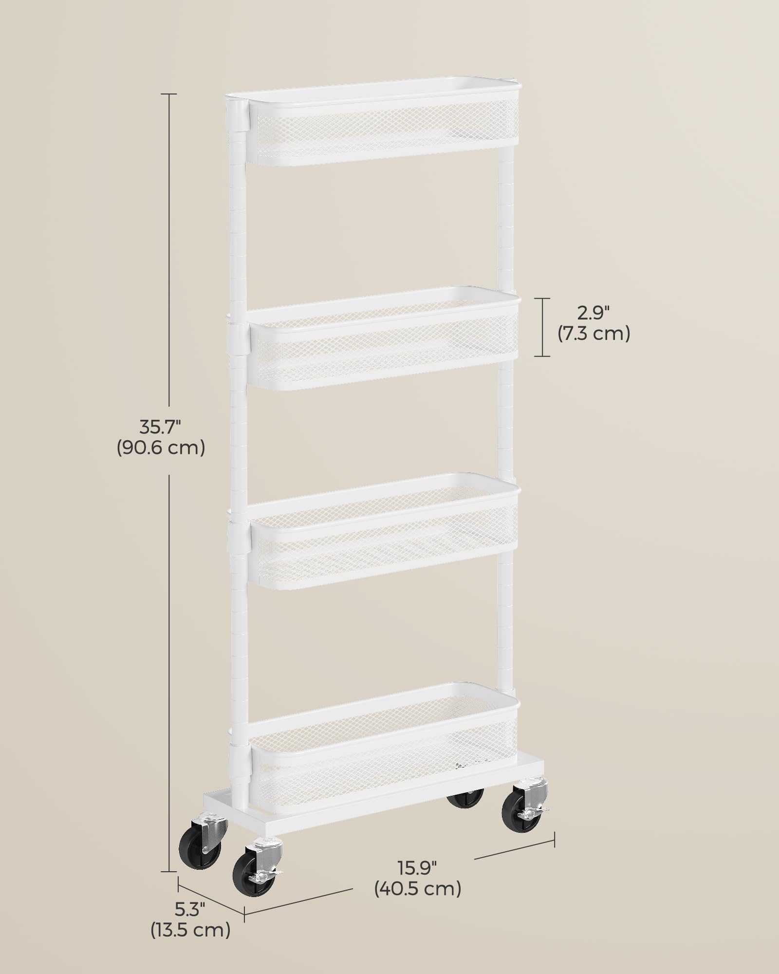 SONGMICS Slim Storage Cart, 4-Tier Metal Rolling Cart with Wheels, Flexible Baskets, Narrow Cart for Kitchen, Bathroom, Laundry Room, Easy Assembly, White UBSC065W01
