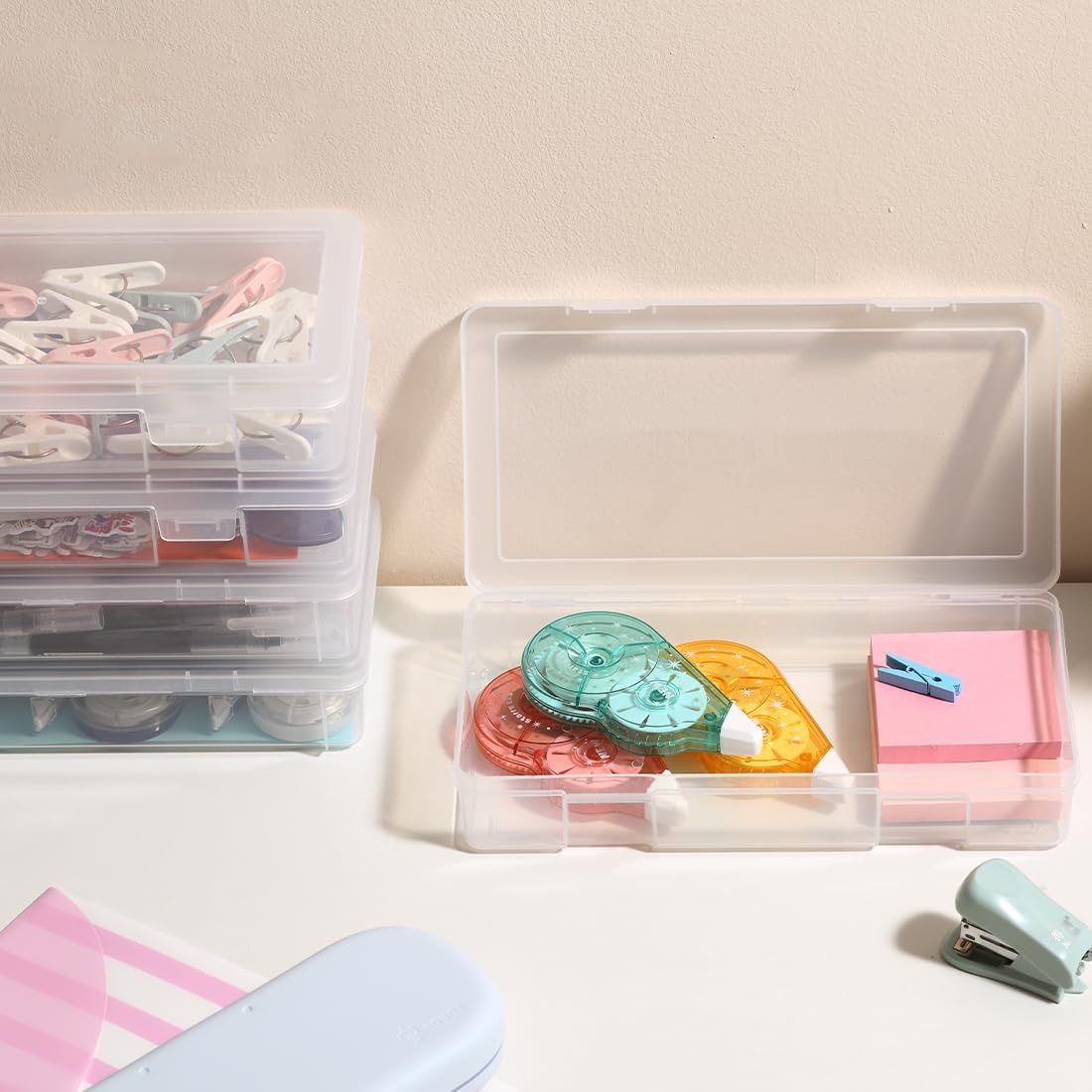 Medium Clear Storage Box - 9 Pack Stackable Containers with Snap-Tight Latch | 10" x 5" x 1.9" for Art Tools & Pencils