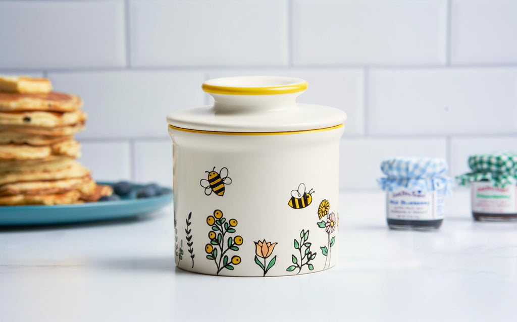 Kook Butter Keeper Dish, French Ceramic Crock with Lid, Embossed Container, For Soft Butter, (Meadow)