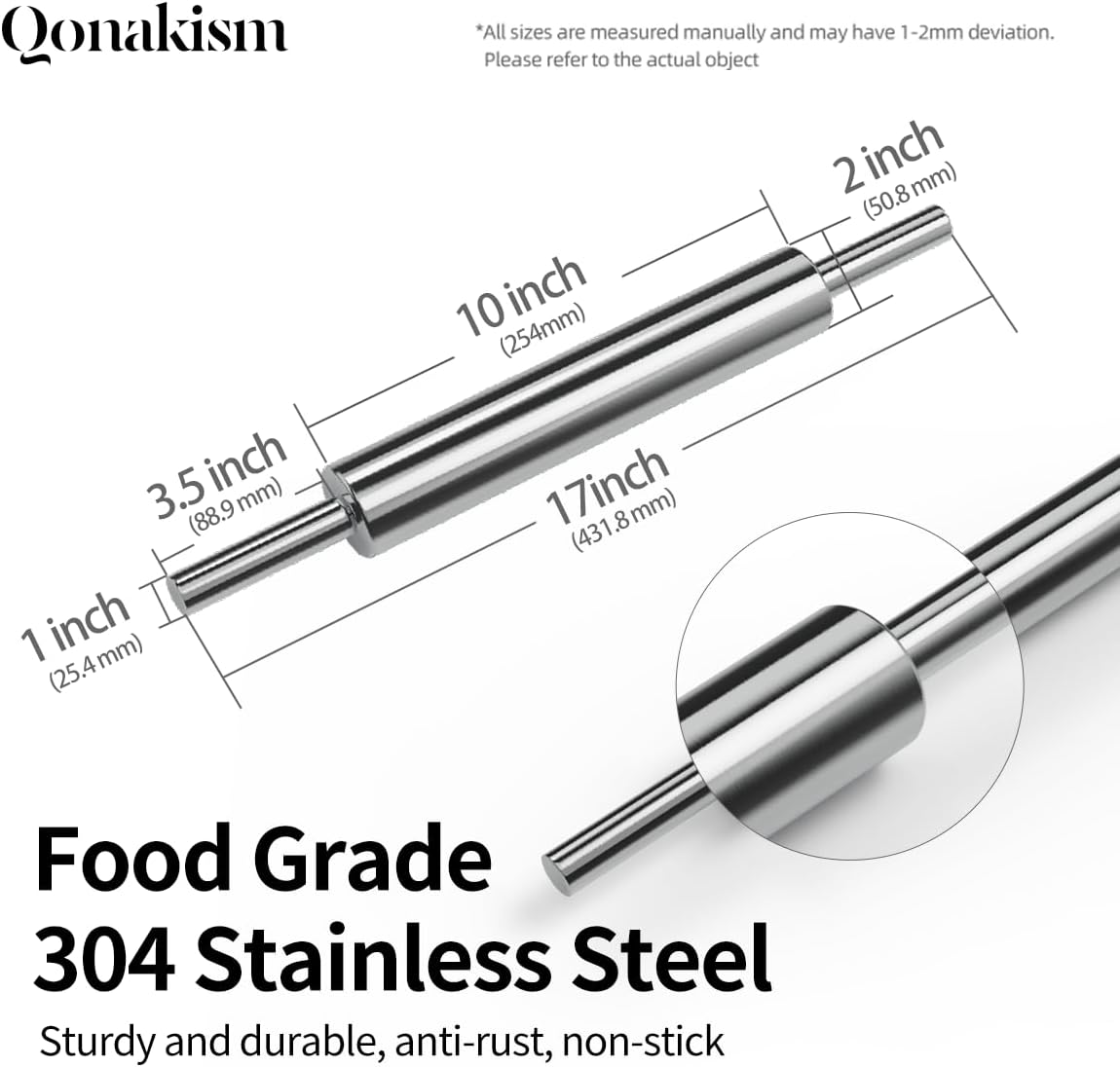 Skiennix 17-Inch Stainless Steel Rolling Pin - Smooth Baking Tool for Pizza, Dough & Cookies