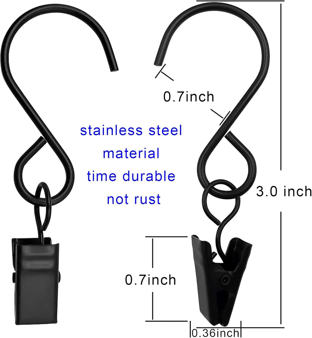 Skiennix Stainless Steel S Hooks - 50 Pack Hanging Clips for Party Lights & Art Display | 3 Inch, Black