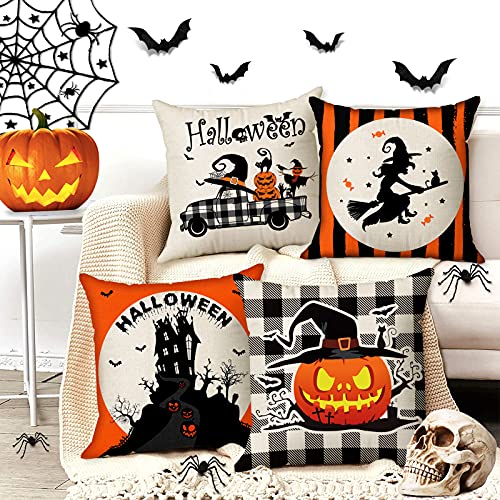 CREATRILL Halloween Throw Pillow Covers 18x18, Set of 4 Farmhouse Decor
