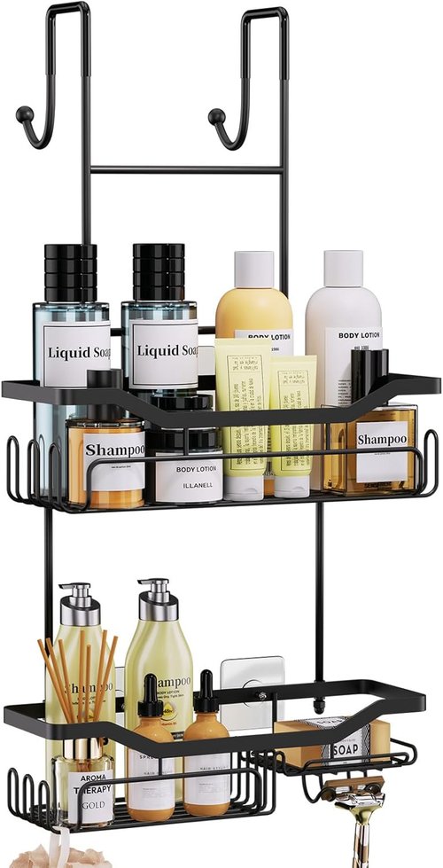 HapiRm Hanging Shower Caddy - No Drill Adhesive Organizer with 11 Hooks | Rustproof 304 Stainless Steel - Black