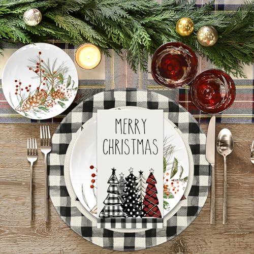 Christmas Paper Napkins 50 Pack - Buffalo Plaid Xmas Tree Design, 4.3 x 7.9 Inches, White