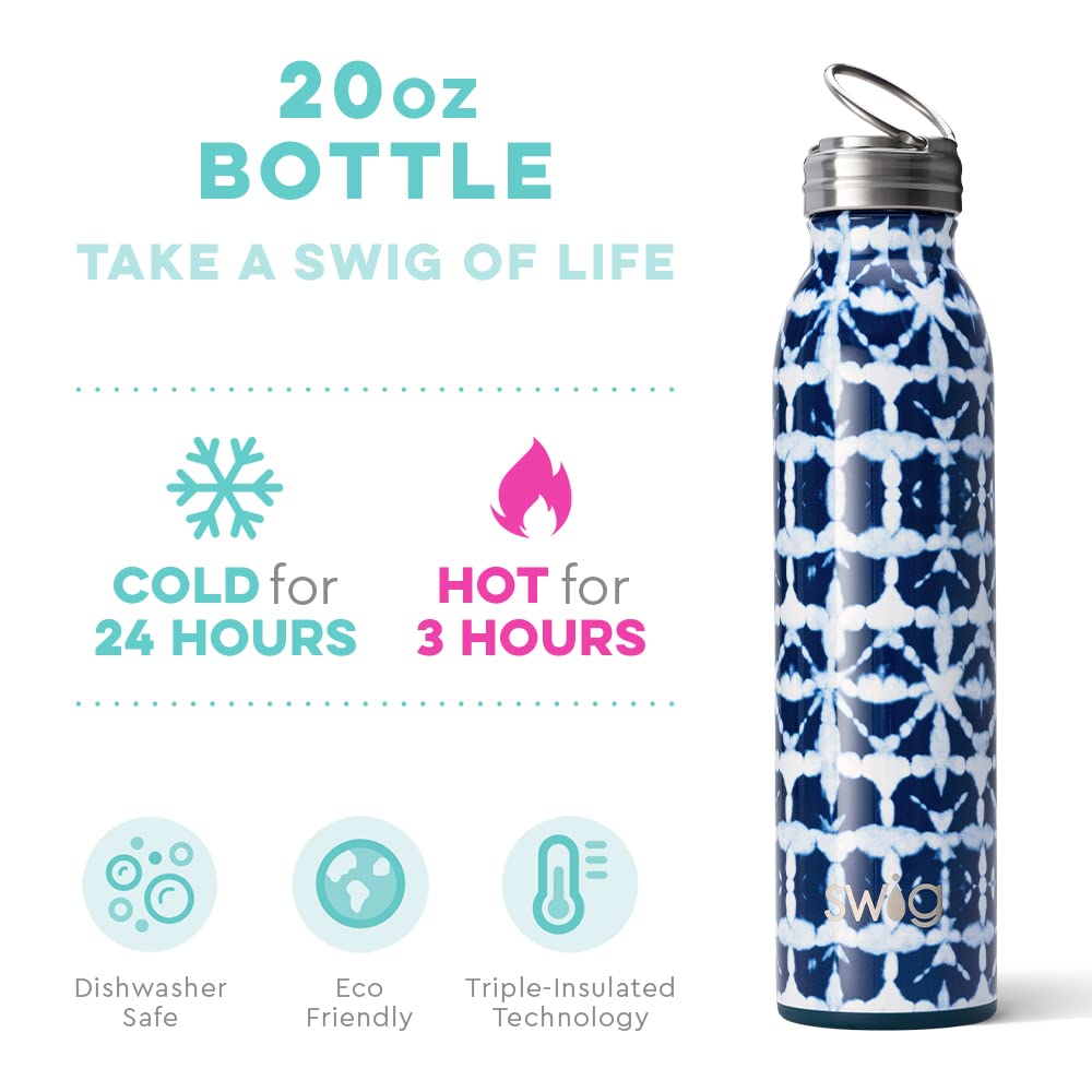 Swig Life 20oz Triple Insulated Stainless Steel Water Bottle with Ring Flip Handle, Dishwasher Safe, Double Wall, & Vacuum Sealed Reusable Water Tumbler (Indigo Isles)