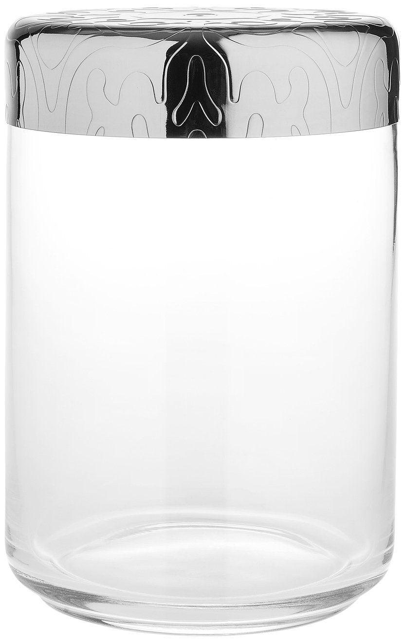 Alessi MW21/100 "Dressed" Glass Jar Hermetic Lid in 18/10 Stainless Steel Mirror Polished With Relief Decoration, Silver