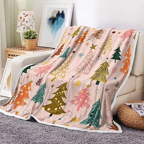 Kids Christmas Fleece Throw Blanket - Pink Cartoon Tree Holiday 50x60in - Multi3