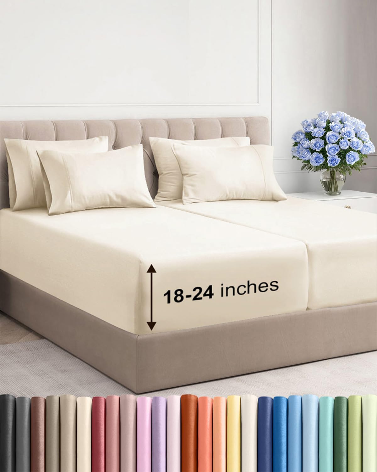 Skiennix Extra Deep Split King Sheet Set - 7 Piece Breathable Cooling Bedding - Soft, Wrinkle-Free Off White