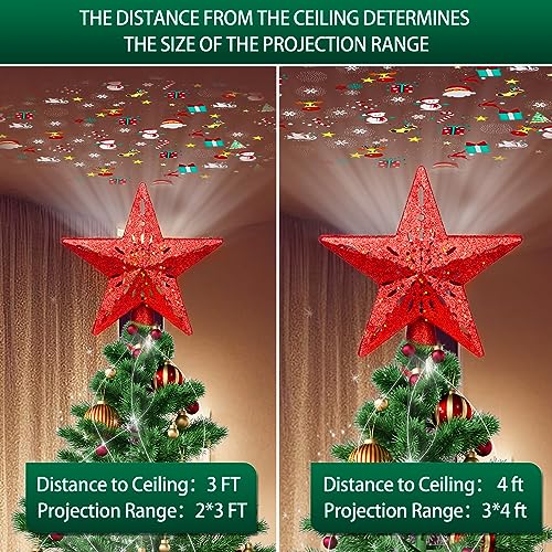 Christmas Tree Topper Lighted Star with 6 Projected Patterns - Rotating 3D Glitter Xmas Decor - Red - Variation 1