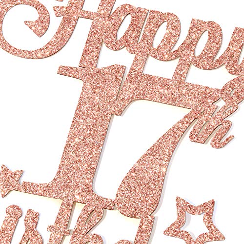 Happy 17th Birthday Cake Topper - Rose Gold Glitter Decoration
