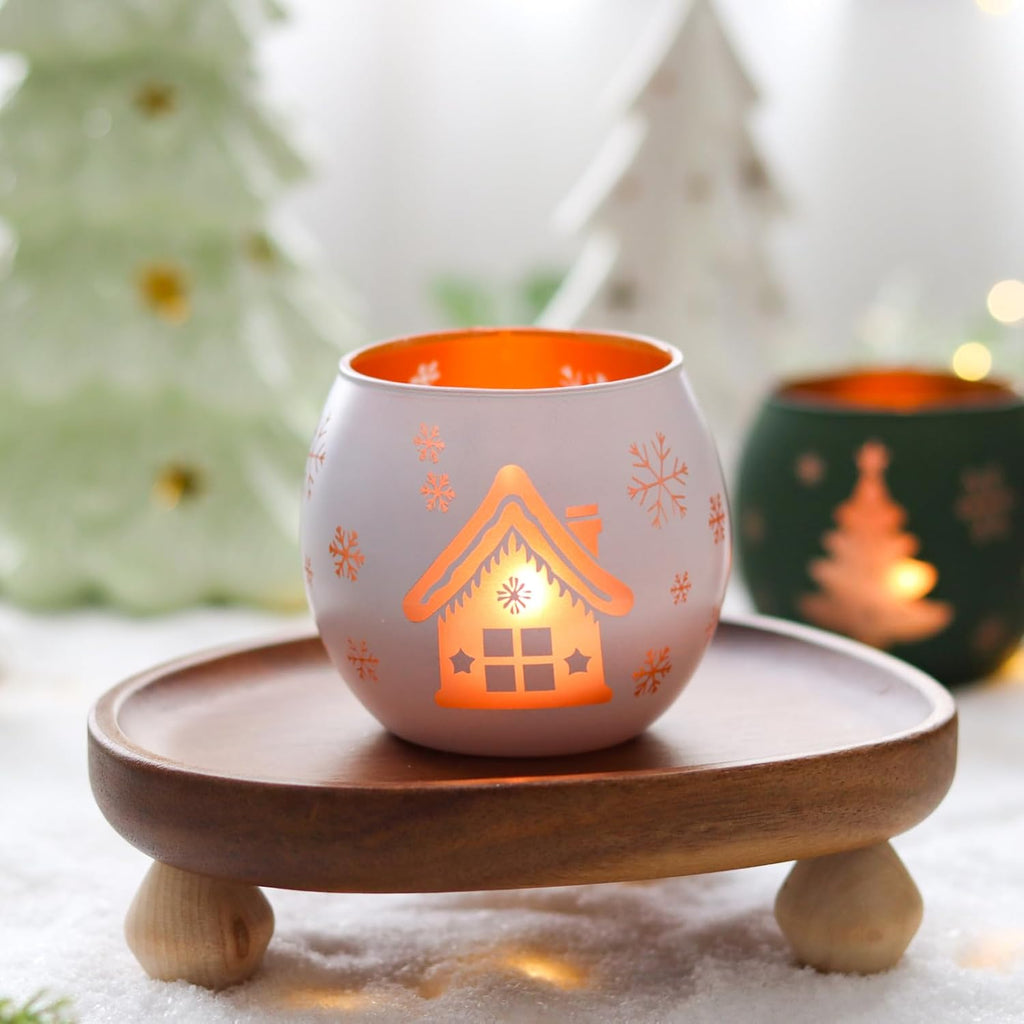 Skiennix Christmas Candle Holders - Set of 4 Frosted Glass Tealight Votive Holders | Winter Holiday Decor (Red, Green, White)