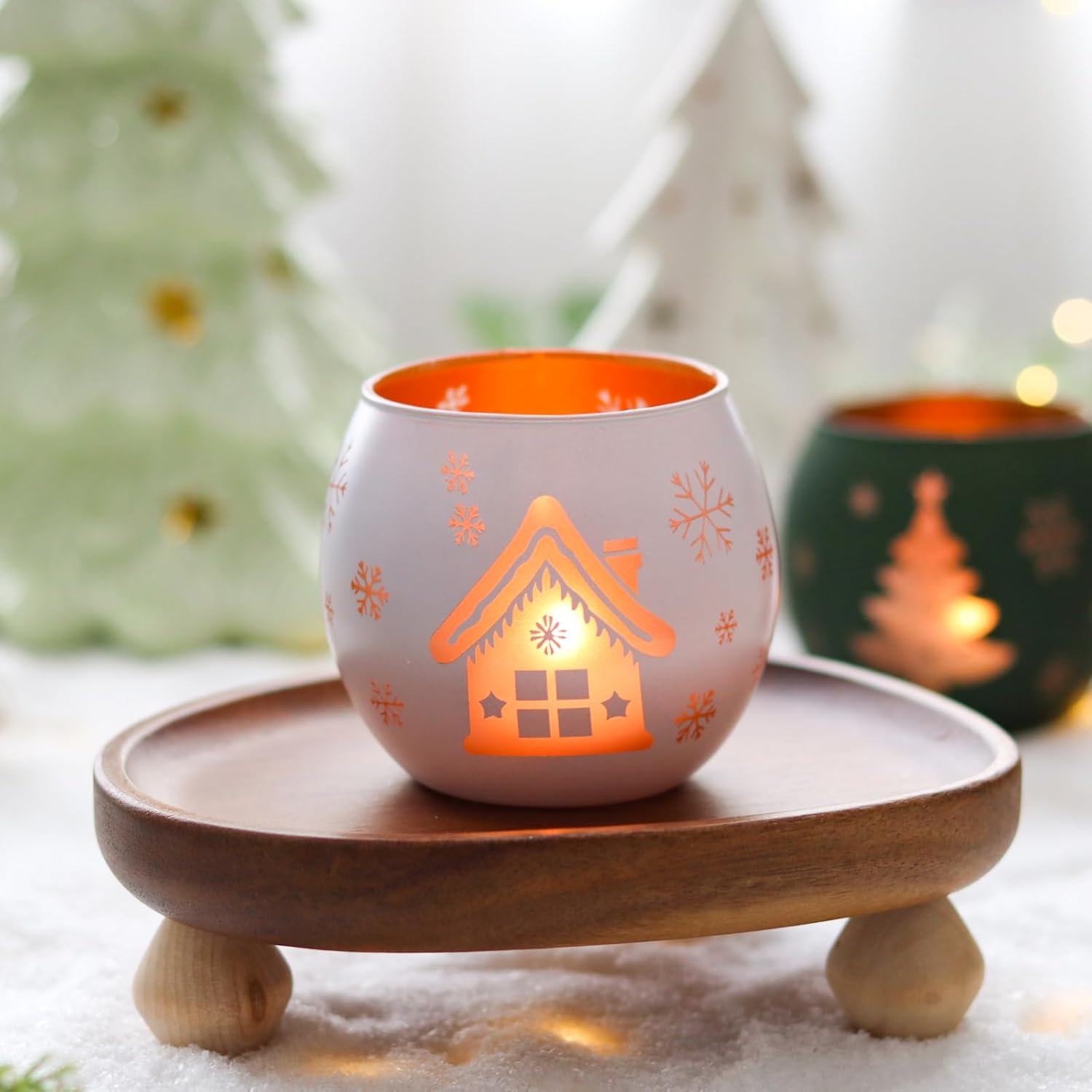 Skiennix Christmas Candle Holders - Set of 4 Frosted Glass Tealight Votive Holders | Winter Holiday Decor (Red, Green, White)
