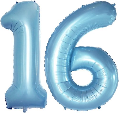GOER Jumbo 42-Inch Number 16 Balloons - Sweet 16 Birthday Party Decorations | Light Blue Foil