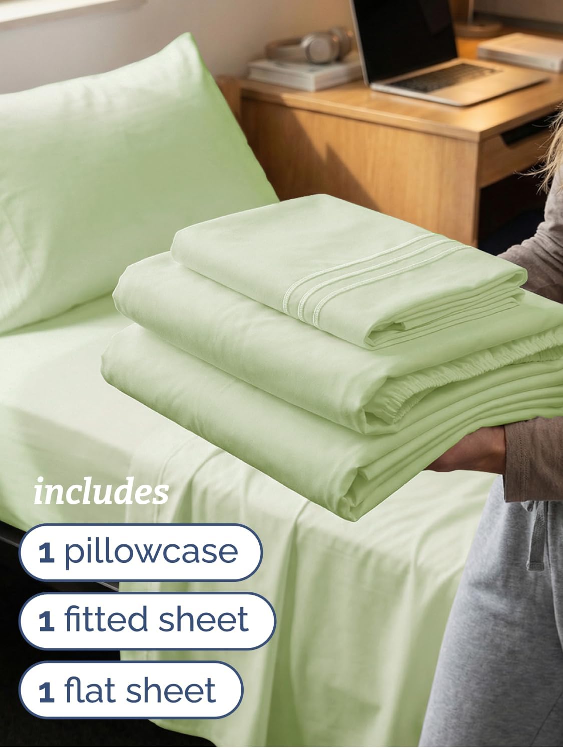 Skiennix Twin XL Sheet Set - Comfy, Breathable & Cooling Bedding - Deep Pockets, Wrinkle-Free - Light Sage Green