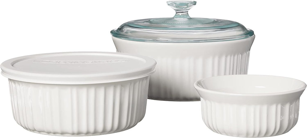 CorningWare French White 7-Pc Ceramic Bakeware Set - Chip & Crack Resistant, Microwave & Oven Safe