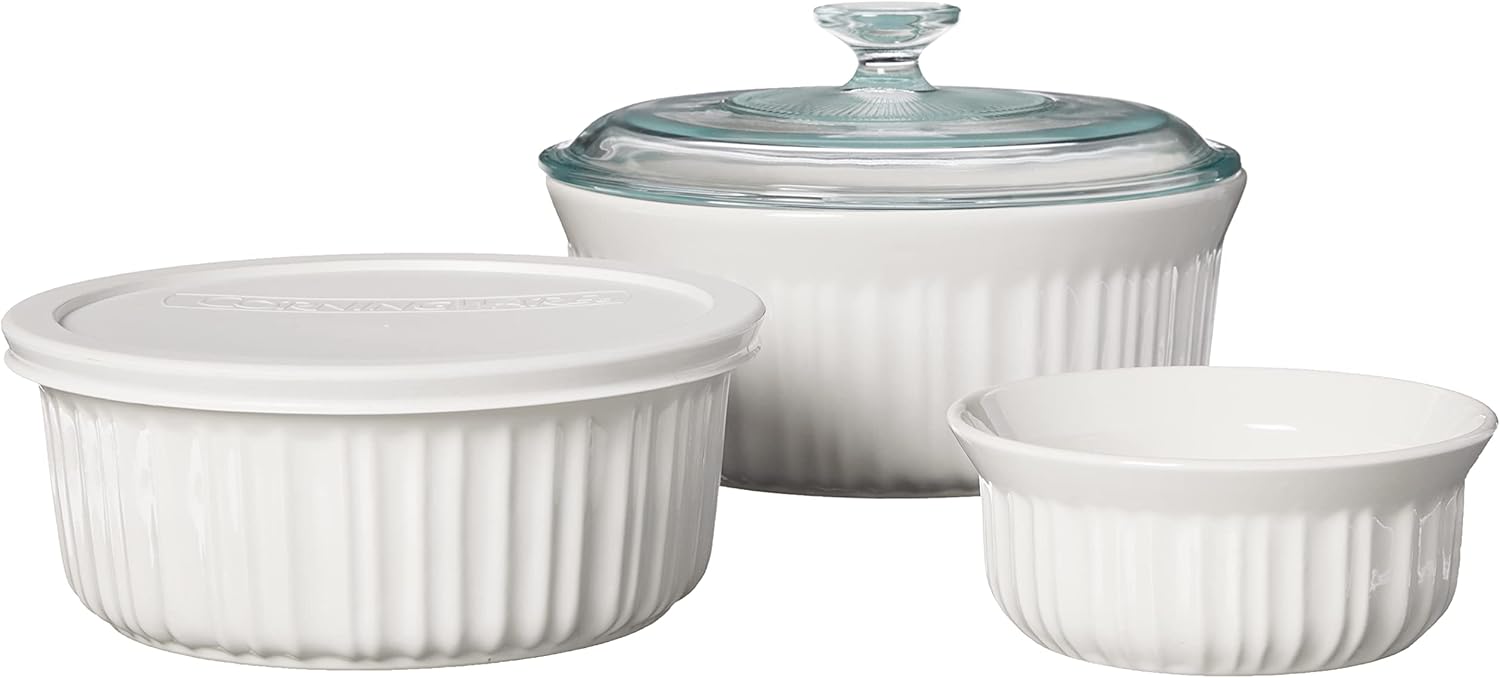 CorningWare French White 7-Pc Ceramic Bakeware Set - Chip & Crack Resistant, Microwave & Oven Safe