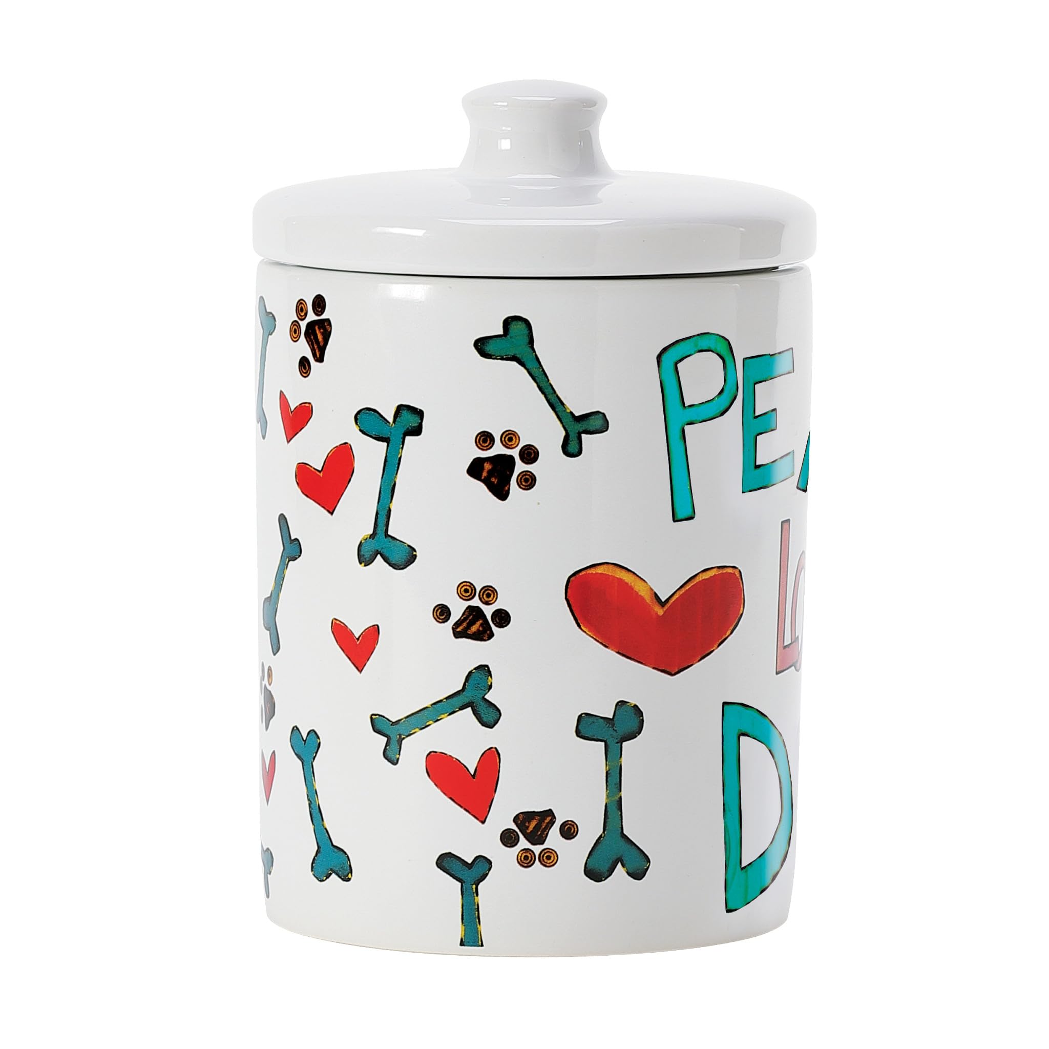 Enesco Izzy and Oliver Stephanie Burgess Painted Peace Love Dog Food Jar Treat Container, 7.25 Inch, Multicolor