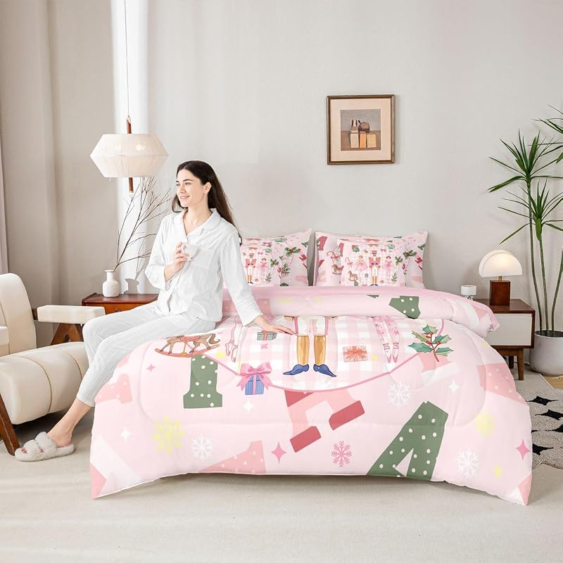 Feelyou 7-Piece Queen Comforter Set with Sheets (Pink/White/Green) - Microfiber Bedding